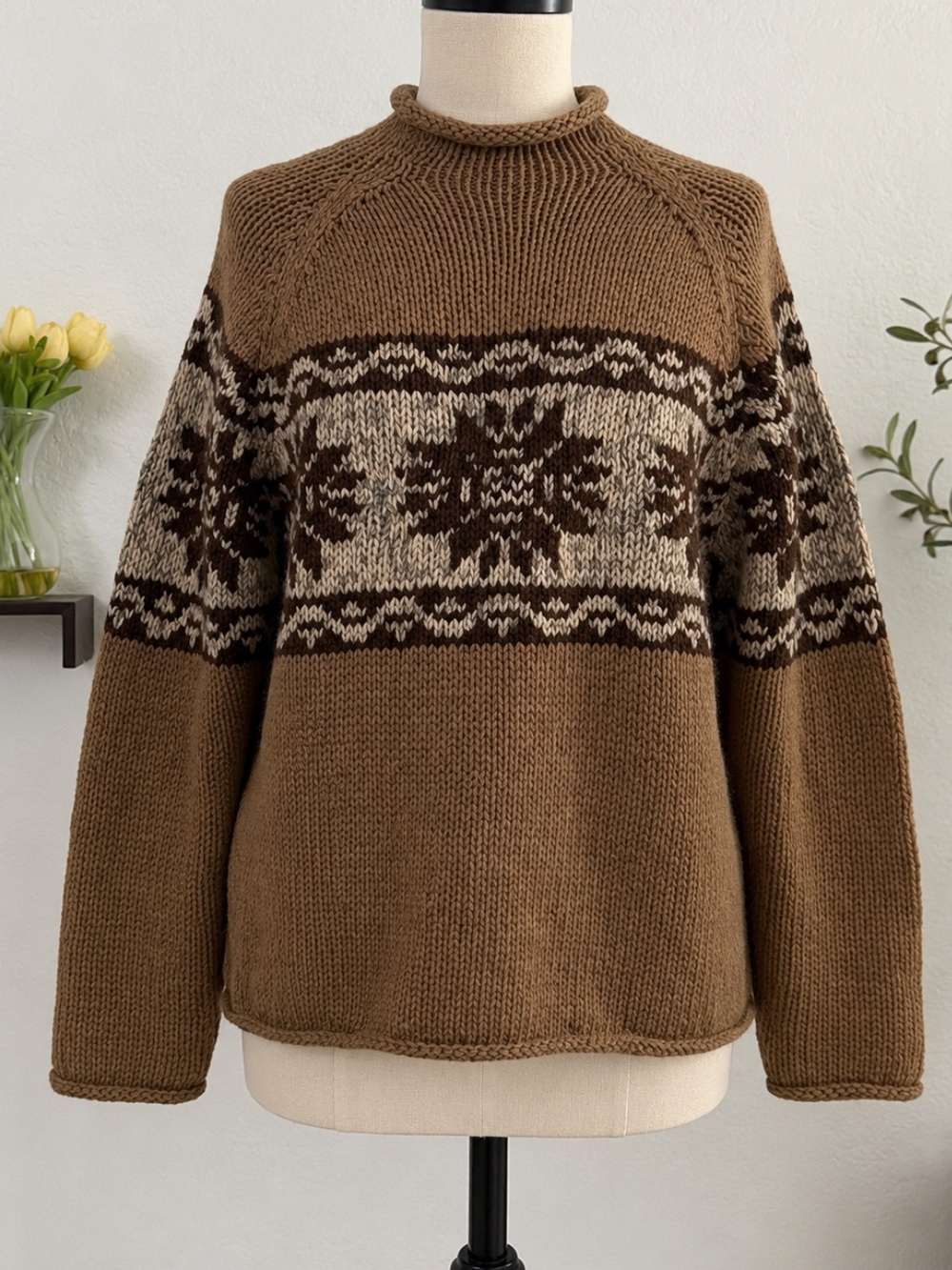 J.Crew Handknit 100% Lambswool Fair Isle Nordic Sweater Brown Cream Cozy Sz L